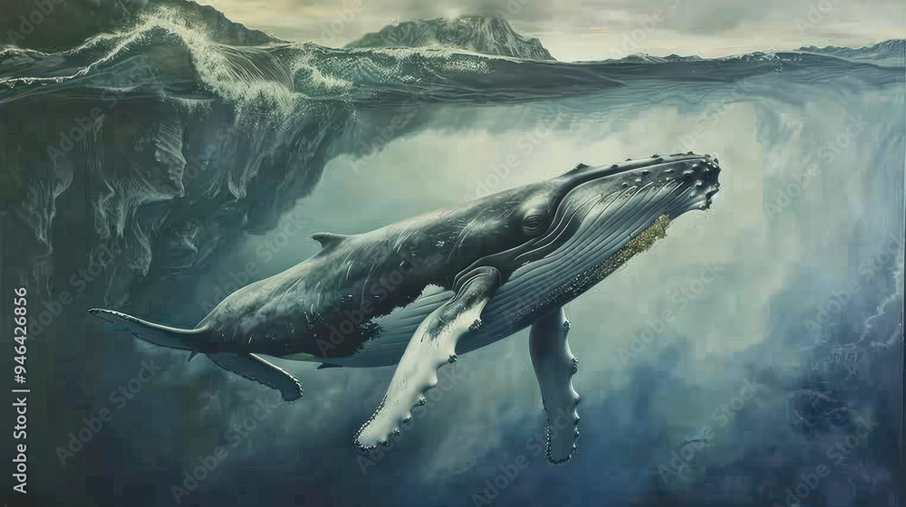 Fototapeta premium Humpback Whale Breaching Under a Mountain