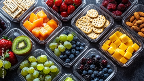 TopDown View of Colorful Fruits Snacks in Clear Containers on a Black Background A Healthy Delicious Spread