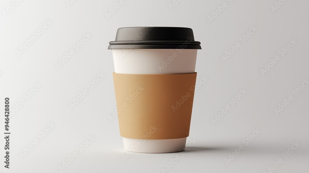 A Single Paper Coffee Cup with a Brown Sleeve and Black Lid A Single Paper Coffee Cup with a Brown Sleeve and Black Lid