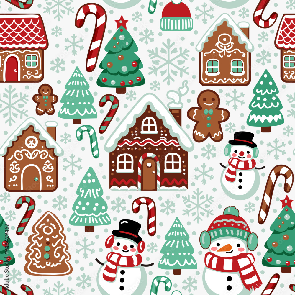 Christmas seamless pattern, wallpaper, background with snowman, Christmas tree, gingerbread house, snowflakes and candy cane. Winter wrapping paper, vector print Christmas seamless pattern, wallpaper, background with snowman, Christmas tree, gingerbread house, snowflakes and candy cane. Winter wrapping paper, vector print