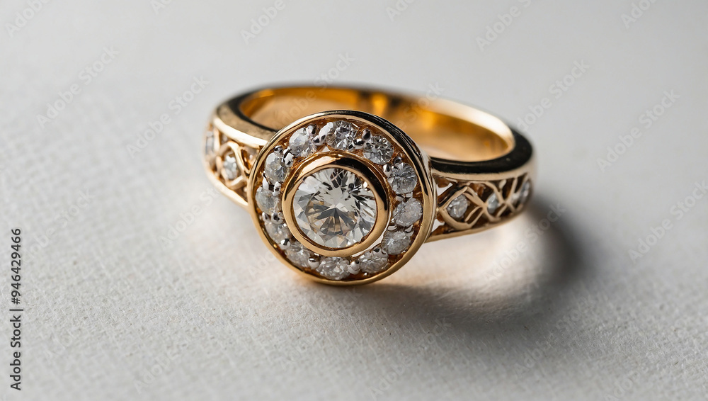 A gold ring, wide band with small diamonds, intricate design.
A gold ring, wide band with small diamonds, intricate design.