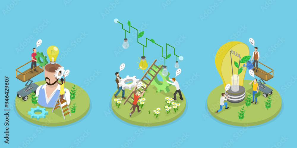 Naklejka premium 3D Isometric Flat Vector Illustration of Effective Smart And Green Solutions, Sustainable Project Development