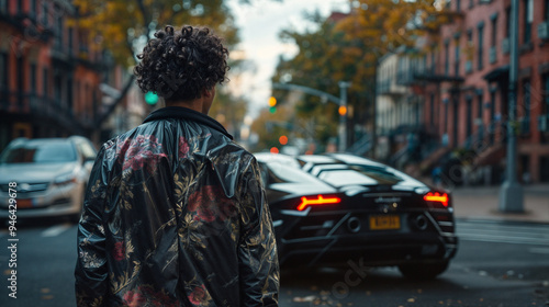 A man in a black jacket stands on a street corner in front of a black car