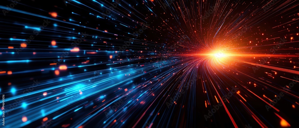 Fototapeta premium A vibrant blue and orange burst of light, depicting dynamic motion and energy in a cosmic space.