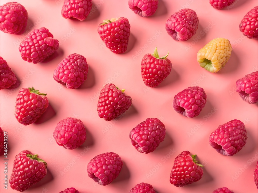 A pattern of fresh red raspberries with one golden raspberry, artfully arranged on a pink background, highlighting the contrast and vibrant colors of the berries. A pattern of fresh red raspberries with one golden raspberry, artfully arranged on a pink background, highlighting the contrast and vibrant colors of the berries.