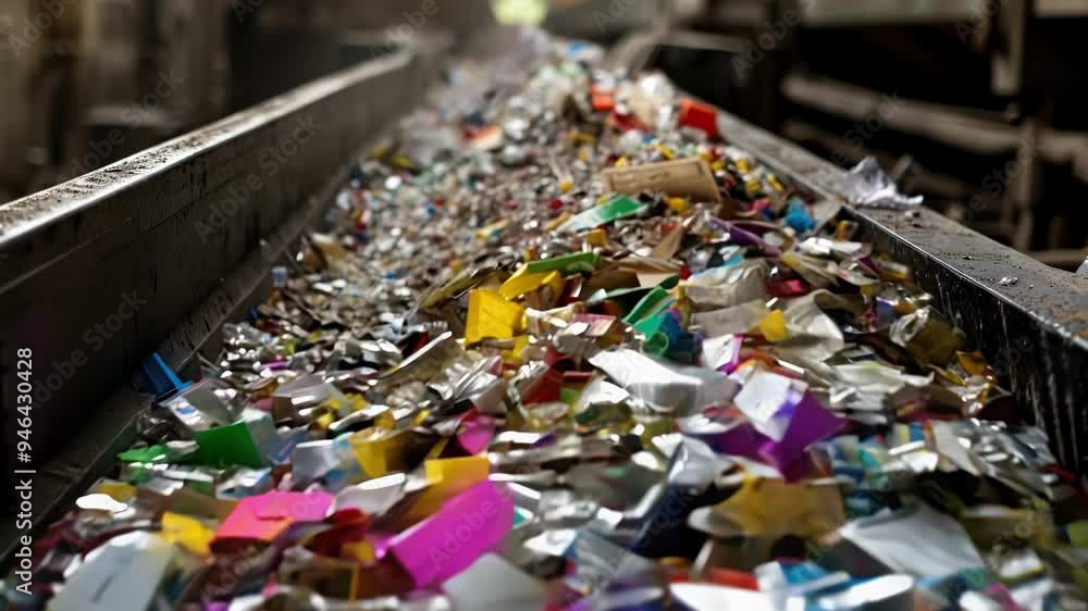 Plastic pieces are moving on the conveyor belt of a waste sorting center, entering a new cycle of life thanks to an innovative production process Plastic pieces are moving on the conveyor belt of a waste sorting center, entering a new cycle of life thanks to an innovative production process