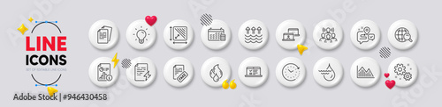 Square area, Fake news and Investment graph line icons. White buttons 3d icons. Pack of Light bulb, Work, Web lectures icon. Team work, Internet search, Journey pictogram. Vector