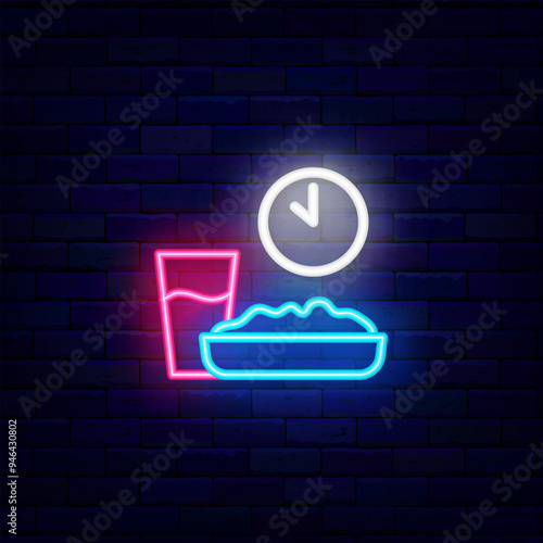 Cup and plate with clock neon icon. School meal at dinning room. Interval fasting. Iftar party. Vector illustration