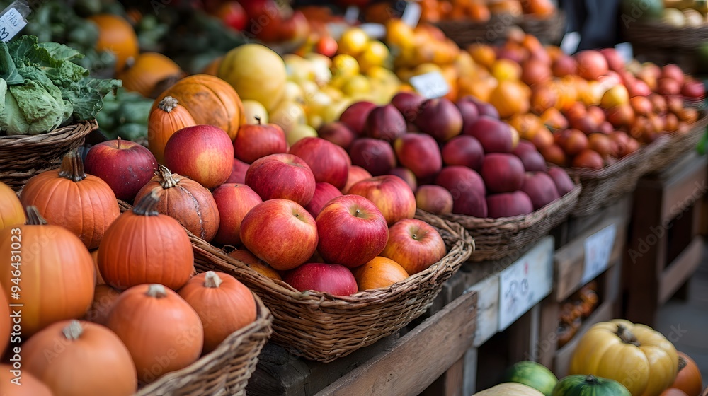 7 Seasonal bustling outdoor market selling seasonal produce apples squash pumpkins vendors warm fall clothing 7 Seasonal bustling outdoor market selling seasonal produce apples squash pumpkins vendors warm fall clothing