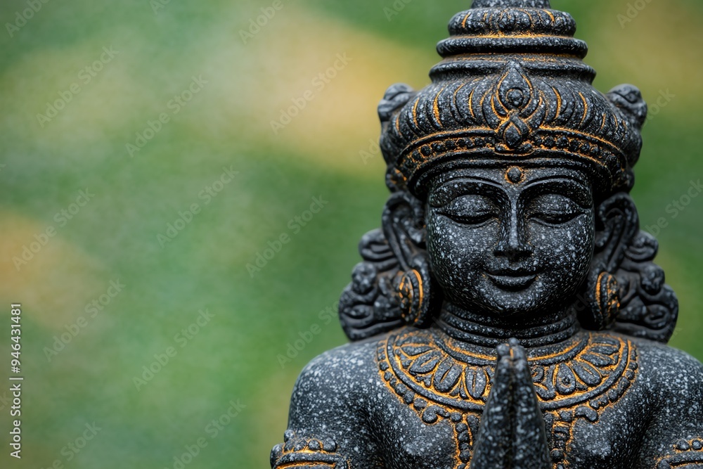 Close-up of a serene black stone statue with gold accents, meditating with hands clasped in prayer. Close-up of a serene black stone statue with gold accents, meditating with hands clasped in prayer.