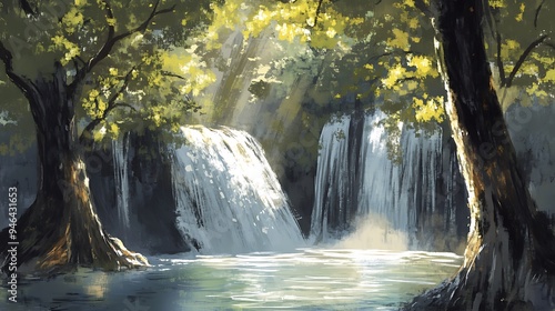 Sunlit Waterfall in a Lush Green Forest
