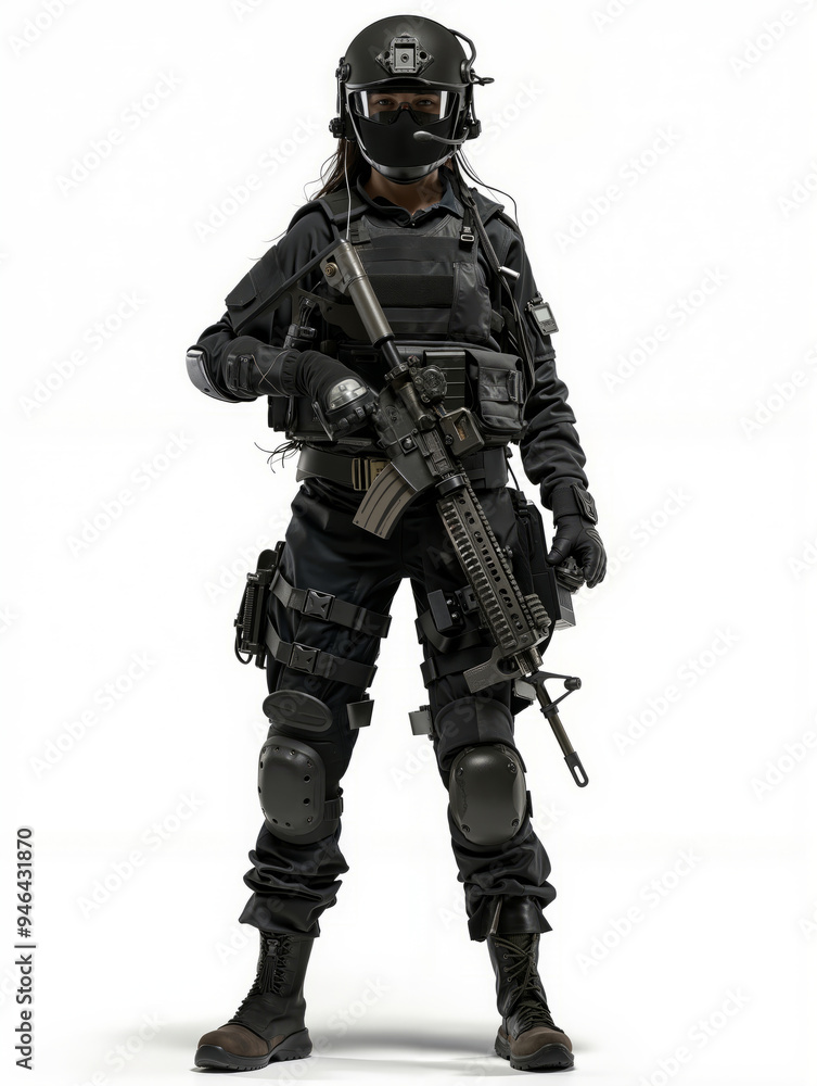 A woman in a black uniform holding a rifle and wearing a helmet A woman in a black uniform holding a rifle and wearing a helmet