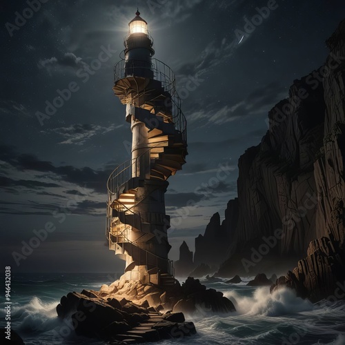 A lighthouse with a spiral staircase is lit up at night