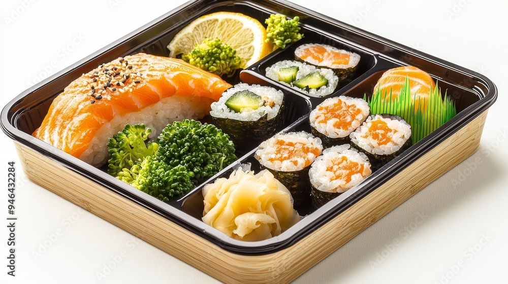 Sushi Takeout Top View of a BambooRimmed Container with Salmon Nigiri Maki Rolls and Pickled Ginger Sushi Takeout Top View of a BambooRimmed Container with Salmon Nigiri Maki Rolls and Pickled Ginger