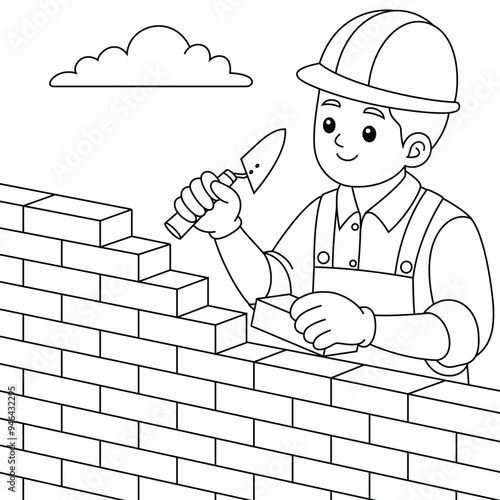 Builder, Worker Building a Wall Coloring Page. Labor Day Hand Drawn Clip art