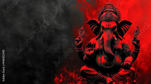 An image of the Hindu god Ganesha in red and black combination with an appropriate background and a place to copy the text.