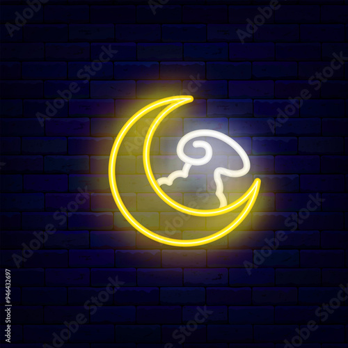 Ramadan neon symbol. Crescent moon and lamb. Islamic religious icon. Eid Mubarak. Arabian holiday design. Glowing banner. Editable stroke. Vector stock illustration