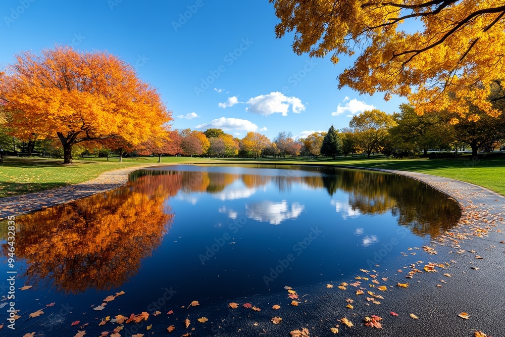 Obraz premium Lake with autumn colors reflected, depicted in a design that showcases the vibrant reds, oranges, and yellows of fall