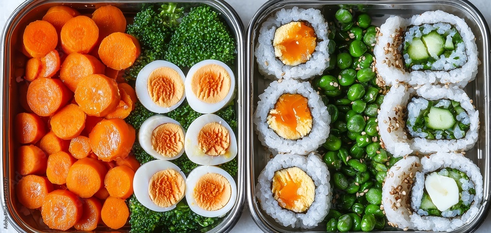 TopDown View of a Healthy Lunchbox Carrots Broccoli Eggs and Sushi Rolls with Sesame Seeds TopDown View of a Healthy Lunchbox Carrots Broccoli Eggs and Sushi Rolls with Sesame Seeds