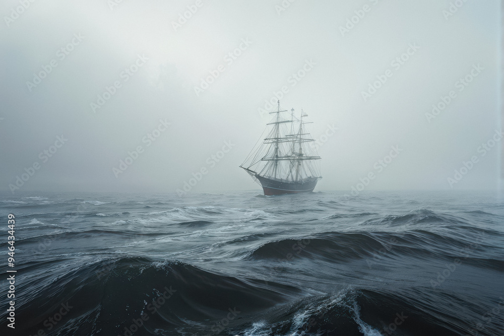 Ghost Ship: Fading Sails in the Endless Gray. A Lonely Ship at sea, surrounded by fog, with barely visible sails fading into the endless gray. generative AI Ghost Ship: Fading Sails in the Endless Gray. A Lonely Ship at sea, surrounded by fog, with barely visible sails fading into the endless gray. generative AI