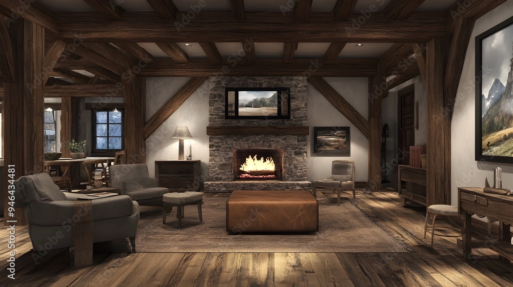 Naklejka premium Rustic farmhouse lounge with exposed wooden beams a stone fireplace and a distressed leather photo frame mockup Cozy and warm interior design with a modern classic touch