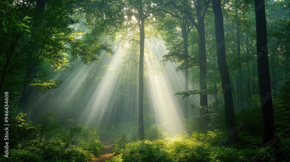 A misty forest with beams of sunlight piercing through the fog, illuminating the forest floor A misty forest with beams of sunlight piercing through the fog, illuminating the forest floor