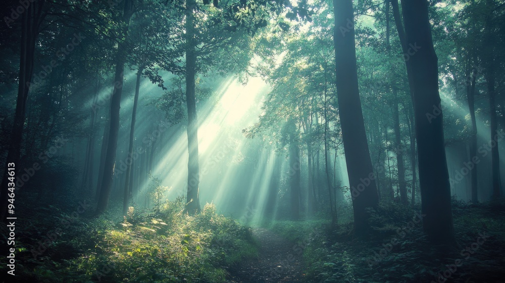 A misty forest with beams of sunlight piercing through the fog, illuminating the forest floor A misty forest with beams of sunlight piercing through the fog, illuminating the forest floor