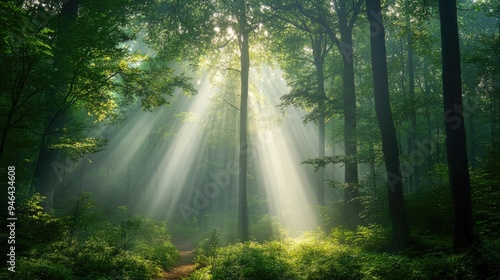 A misty forest with beams of sunlight piercing through the fog, illuminating the forest floor