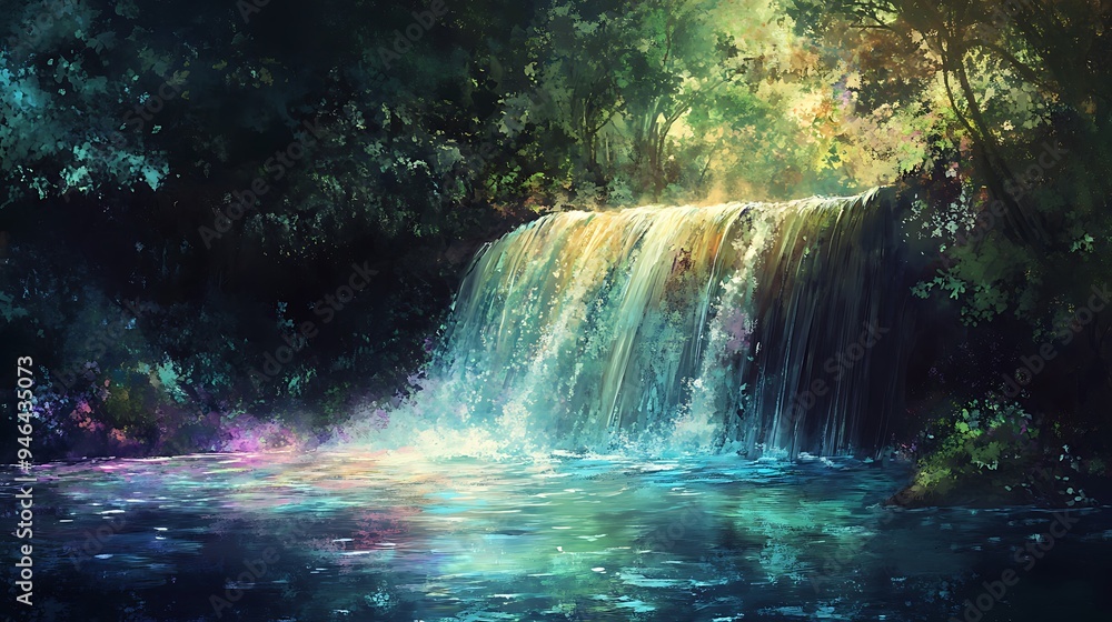 A waterfall cascading into a tranquil forest pool. A waterfall cascading into a tranquil forest pool.