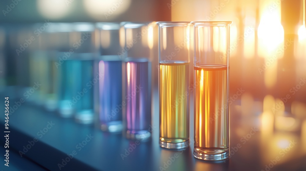Colorful liquid filled glass tubes lined up with a warm glow background, perfect for science or beverage themes. Colorful liquid filled glass tubes lined up with a warm glow background, perfect for science or beverage themes.