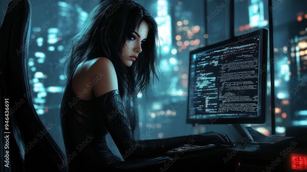 female hacker working on computer in the dark female hacker working on computer in the dark