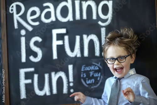 Excited child in glasses and tie, hair ruffled, standing in front of a Reading Is Fun! chalkboard advertisement