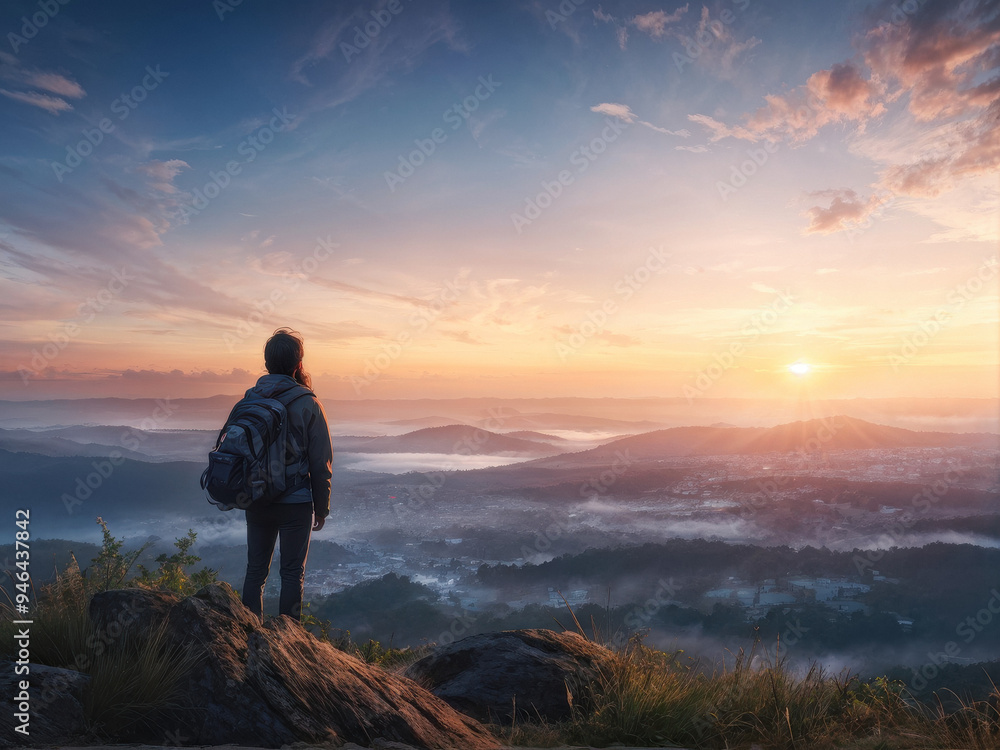 Peaceful Solitude: A Moment of Reflection at Sunset. A person on a hilltop, watching a sunset disappearing into the mist. generative AI Peaceful Solitude: A Moment of Reflection at Sunset. A person on a hilltop, watching a sunset disappearing into the mist. generative AI