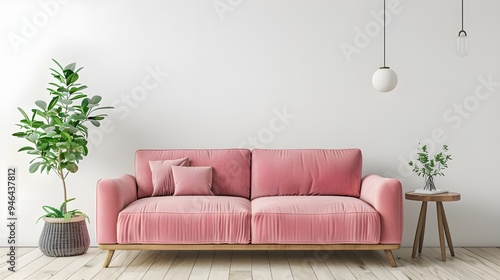 A 3D render of a farmhouse interior living room featuring a pastel pink sofa, wooden furniture, green plants, and an empty wall mockup in a white space photo