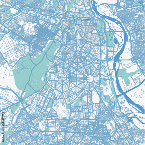 Map of New Delhi in India in blue. Contains layered vector with roads water, parks, etc.