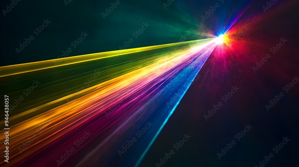 Spectrum of Vibrant Colors Refracting Through a Prism Against a Dark Background Creating a Luminous and Radiant Visual Effect with Copy Space Spectrum of Vibrant Colors Refracting Through a Prism Against a Dark Background Creating a Luminous and Radiant Visual Effect with Copy Space