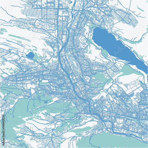 Map of Tbilisi in Georgia in blue. Contains layered vector with roads water, parks, etc.