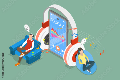 3D Isometric Flat Vector Illustration of Online Podcasting Show, Audio Podcast Listening