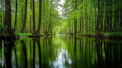 A serene forest river flowing gently through the trees, with the forest reflected in the calm water