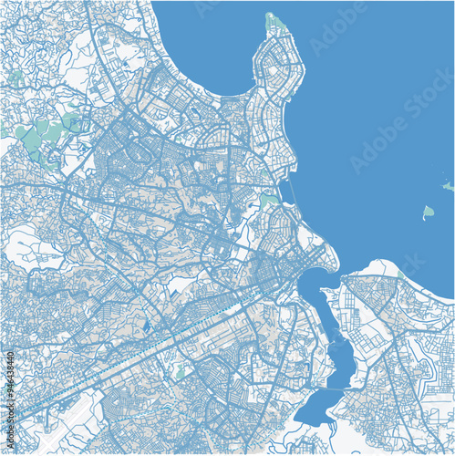 Map of Dar es Salaam in Tanzania in blue. Contains layered vector with roads water, parks, etc.