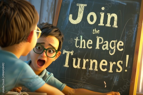 Excited young boy in glasses, looking at a chalkboard with Join the Page Turners! in a classroom setting photo