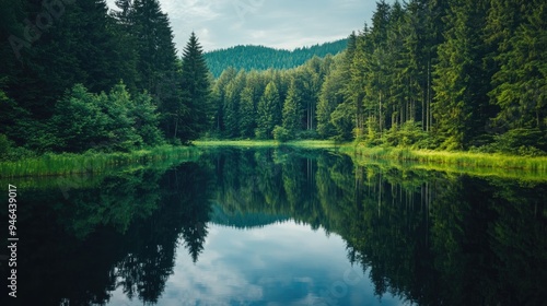 A serene lake surrounded by dense forest, the water reflecting the trees and sky perfectly