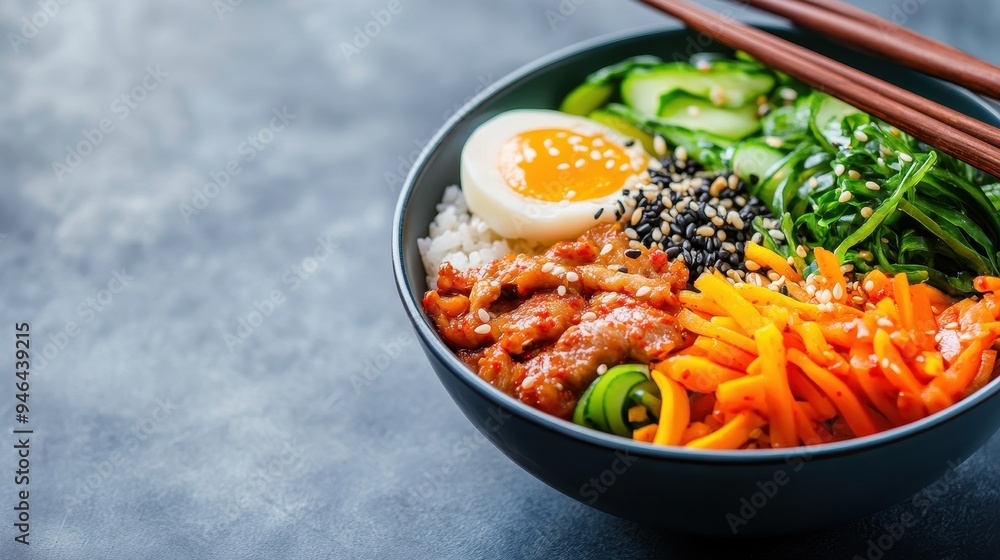 A vibrant bowl of delicious rice topped with vegetables, egg, and savory meat, perfect for a healthy meal. A vibrant bowl of delicious rice topped with vegetables, egg, and savory meat, perfect for a healthy meal.