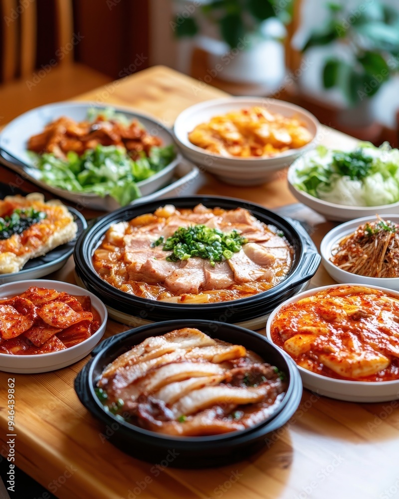 A vibrant spread of delicious Asian dishes, featuring various meats, vegetables, and rich sauces on a wooden table. A vibrant spread of delicious Asian dishes, featuring various meats, vegetables, and rich sauces on a wooden table.