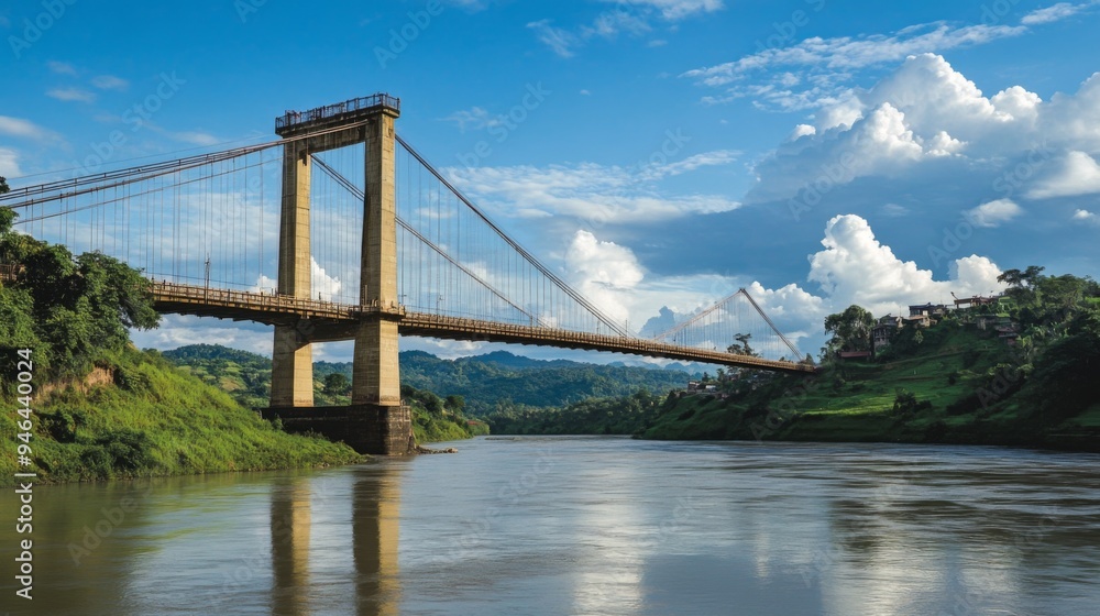 Obraz premium A majestic suspension bridge spanning a wide river, with the bridge cables and towers prominently featured against a backdrop of lush green hills.