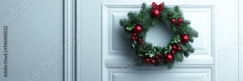 Christmas background with a wreath made of holly and pine branches on a white door photo