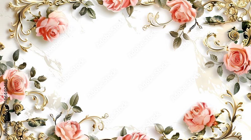 An elegant golden ornate frame with delicate roses suitable for luxury invitations and decor. An elegant golden ornate frame with delicate roses suitable for luxury invitations and decor.