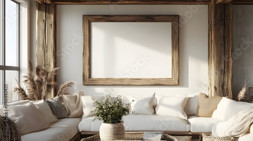 Rustic wooden frame elegantly displayed in a farmhouse inspired living room complemented by exposed beams woven accents and a warm inviting color palette creating a cozy and natural atmosphere