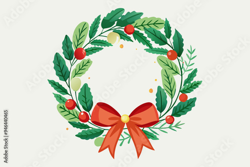 Christmas wreath with mistletoe leaves and bow, watercolor clipart illustration with isolated background.
