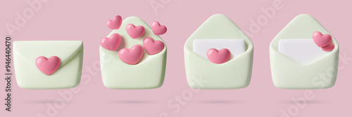 Pink hearts in envelopes 3d vector emoji collection. Romantic and love mail icons in modern three dimensional cute plastic style 